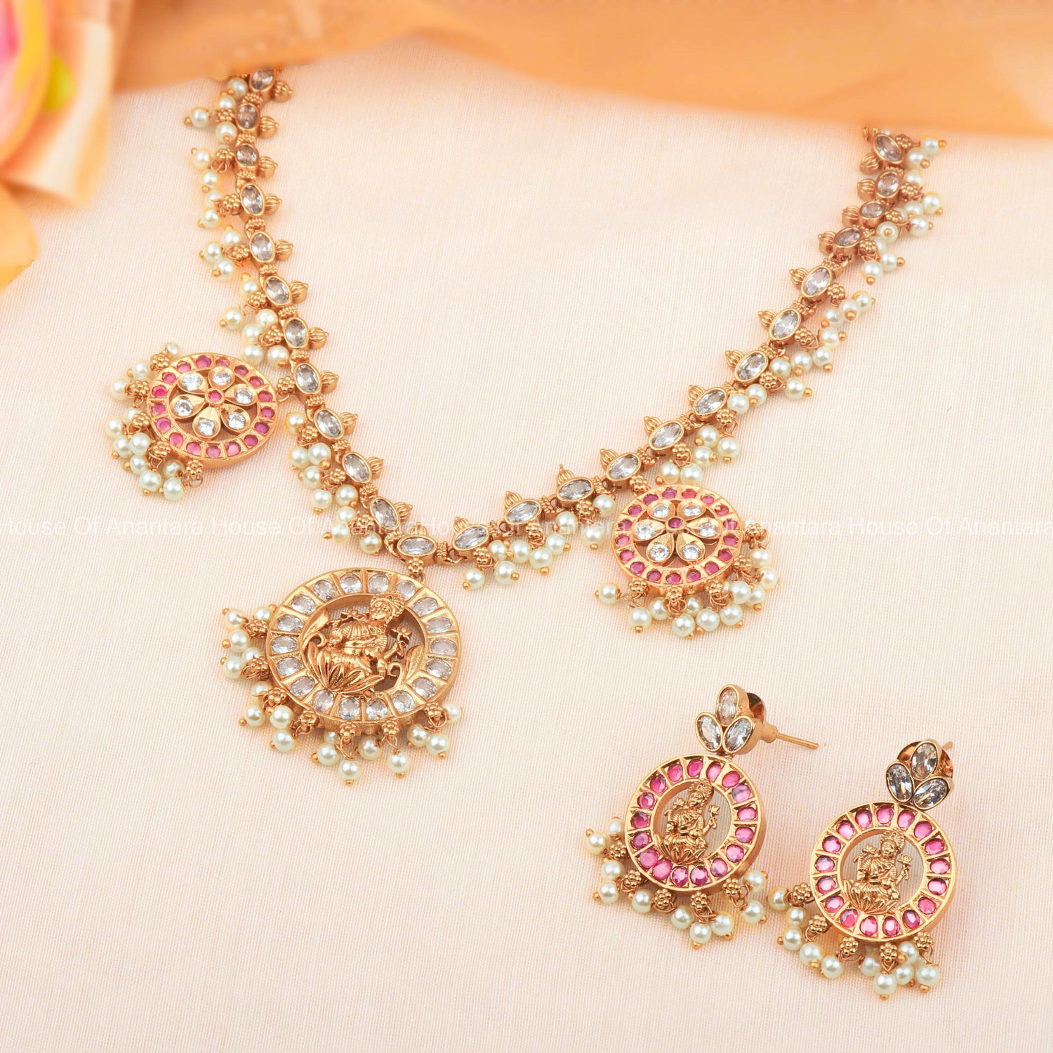 24K Gold Plated Nakshi Laxmi Necklace Set With CZ Pendant And Multi Color Stones For Women