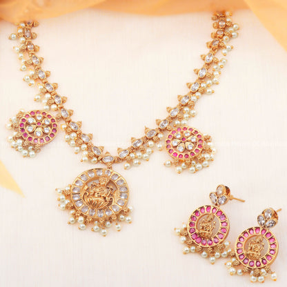 24K Gold Plated Nakshi Laxmi Necklace Set With CZ Pendant And Multi Color Stones For Women