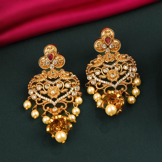 24K Gold Plated South Indian Long Haram Set With Pearls And Pair Of Earring For Women