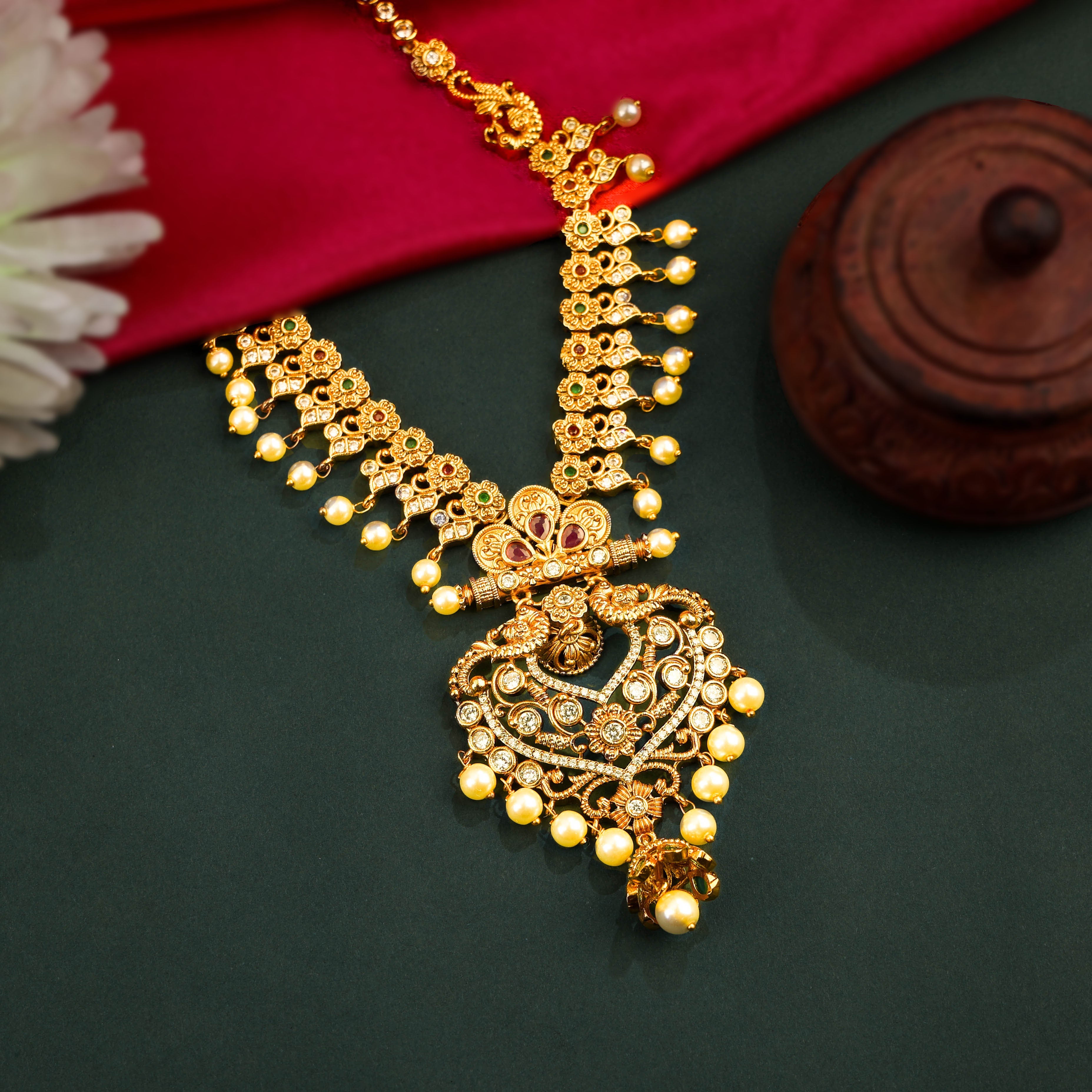 24K Gold Plated South Indian Short Necklace Set With Pearls And Pair Of Earring For Women