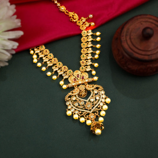 24K Gold Plated South Indian Short Necklace Set With Pearls And Pair Of Earring For Women