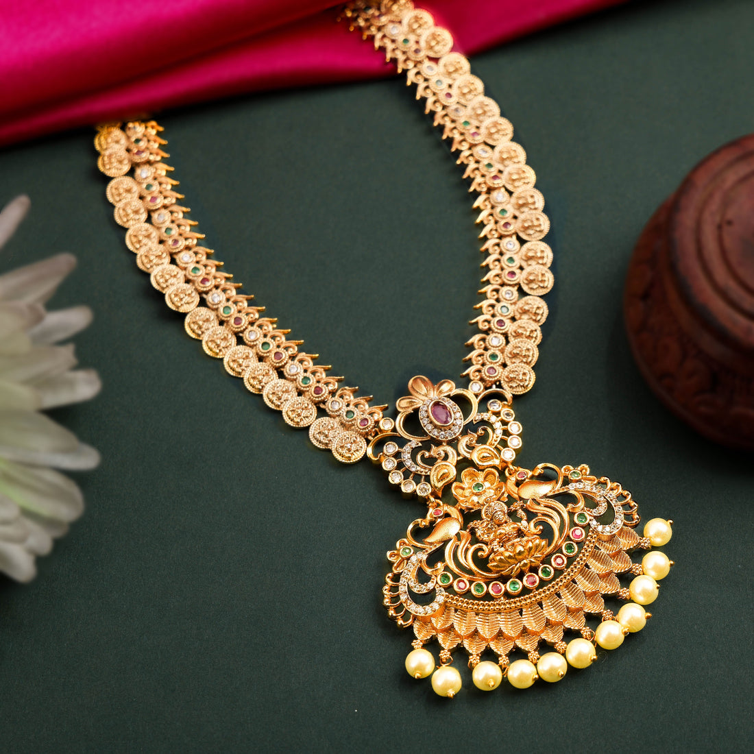 24K Gold Plated South Indian Laxmi Necklace Set With Nakshi Work And Pearls For Women