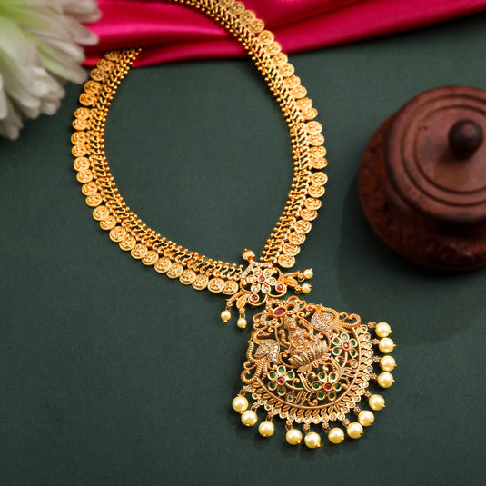 24K Gold Plated Kasu Necklace Set With Nakshi Work And Pair Of Earrings