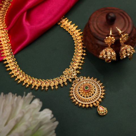 Traditional 24K Gold Plated South Indian Necklace With Pair Of Earrings For Women