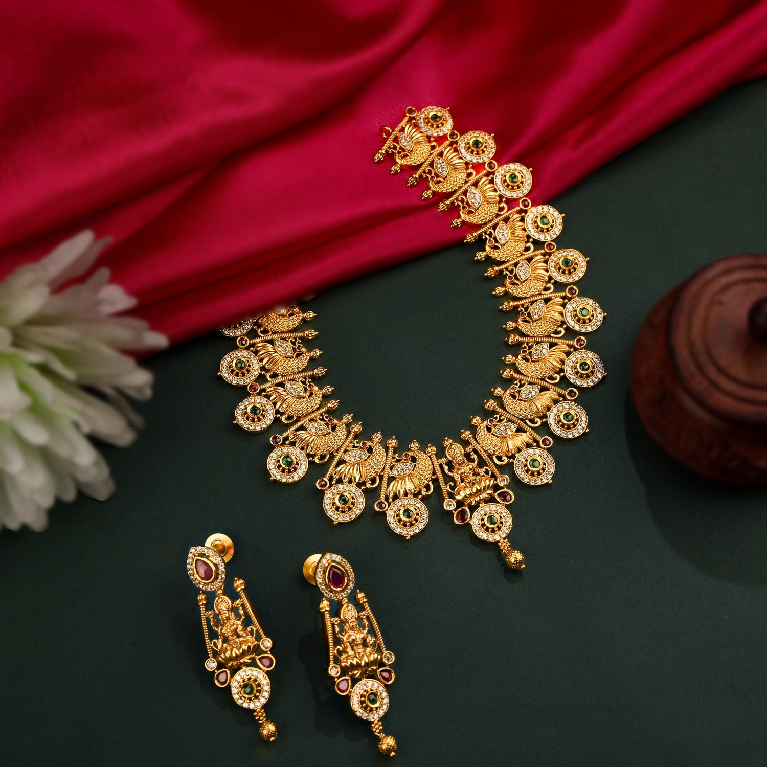 24k Gold Plated Nakshi Laxmi Necklace Set With CZ Stones And Earrings For Women