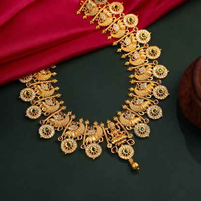 24k Gold Plated Nakshi Laxmi Necklace Set With CZ Stones And Earrings For Women