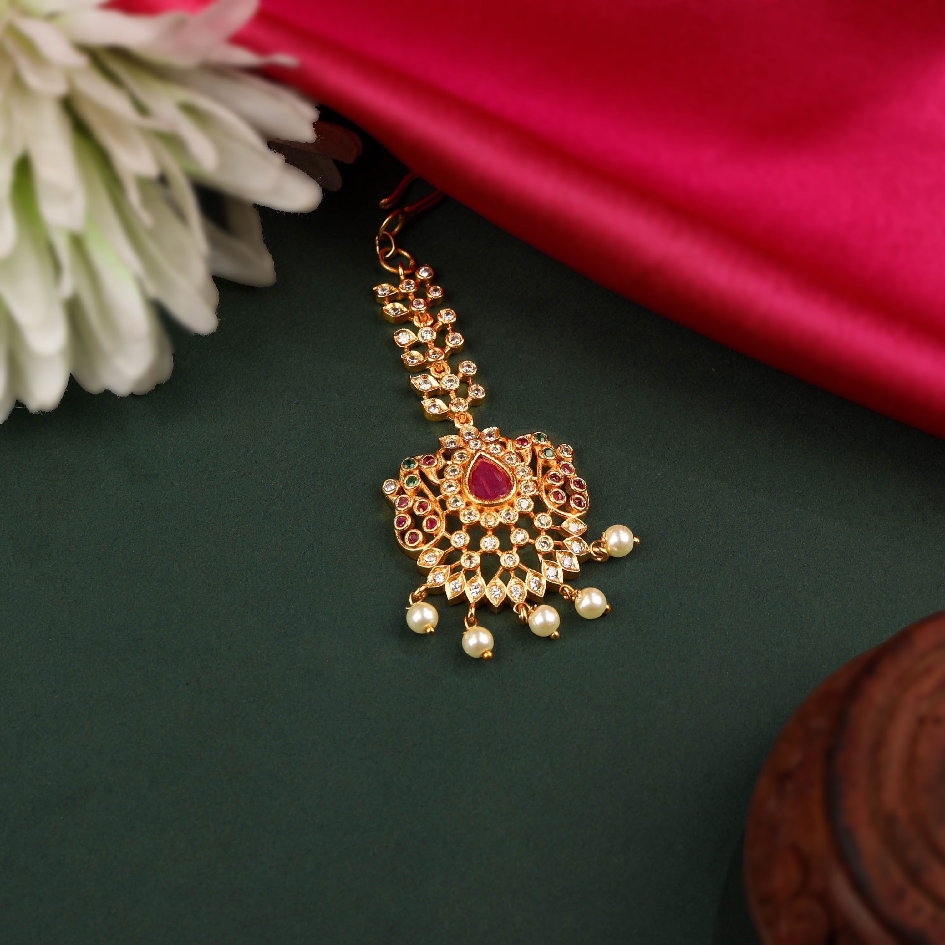 24K Gold Plated South Indian Necklace Set With Maang Tikka And Earrings