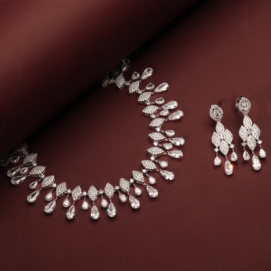 Luxurious White CZ Stone Jewelry Set With Rhodium Plated Necklace and Earrings