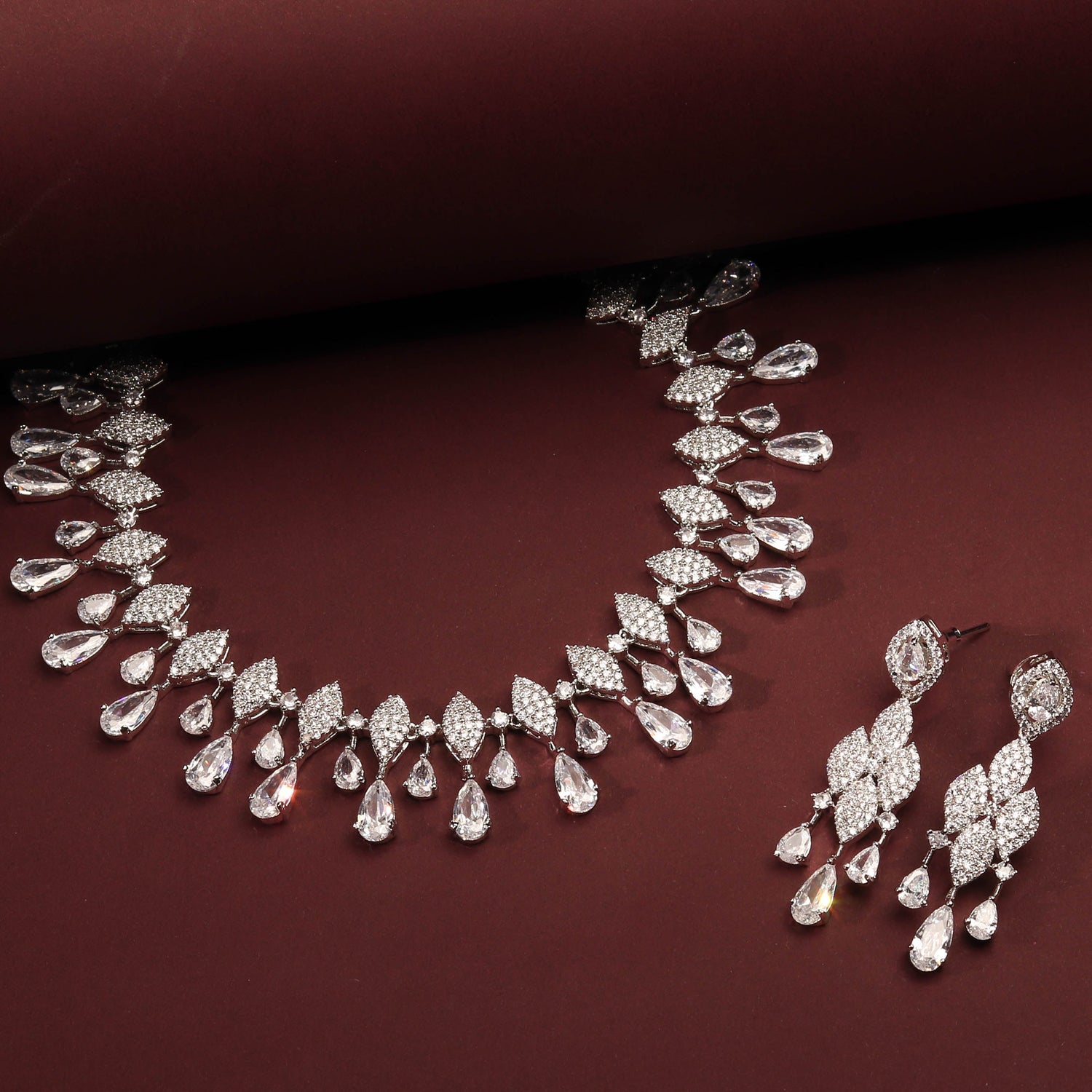 Luxurious White CZ Stone Jewelry Set With Rhodium Plated Necklace and Earrings