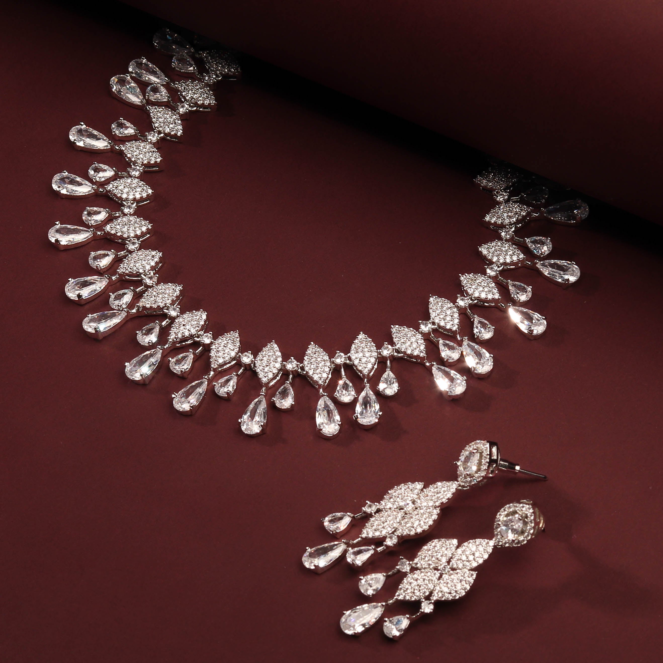 Luxurious White CZ Stone Jewelry Set With Rhodium Plated Necklace and Earrings