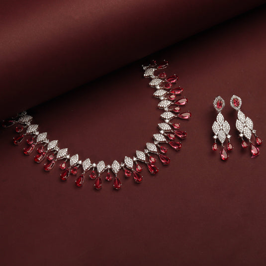 Luxurious Ruby Color Stone With Rhodium Plated Necklace and Earrings