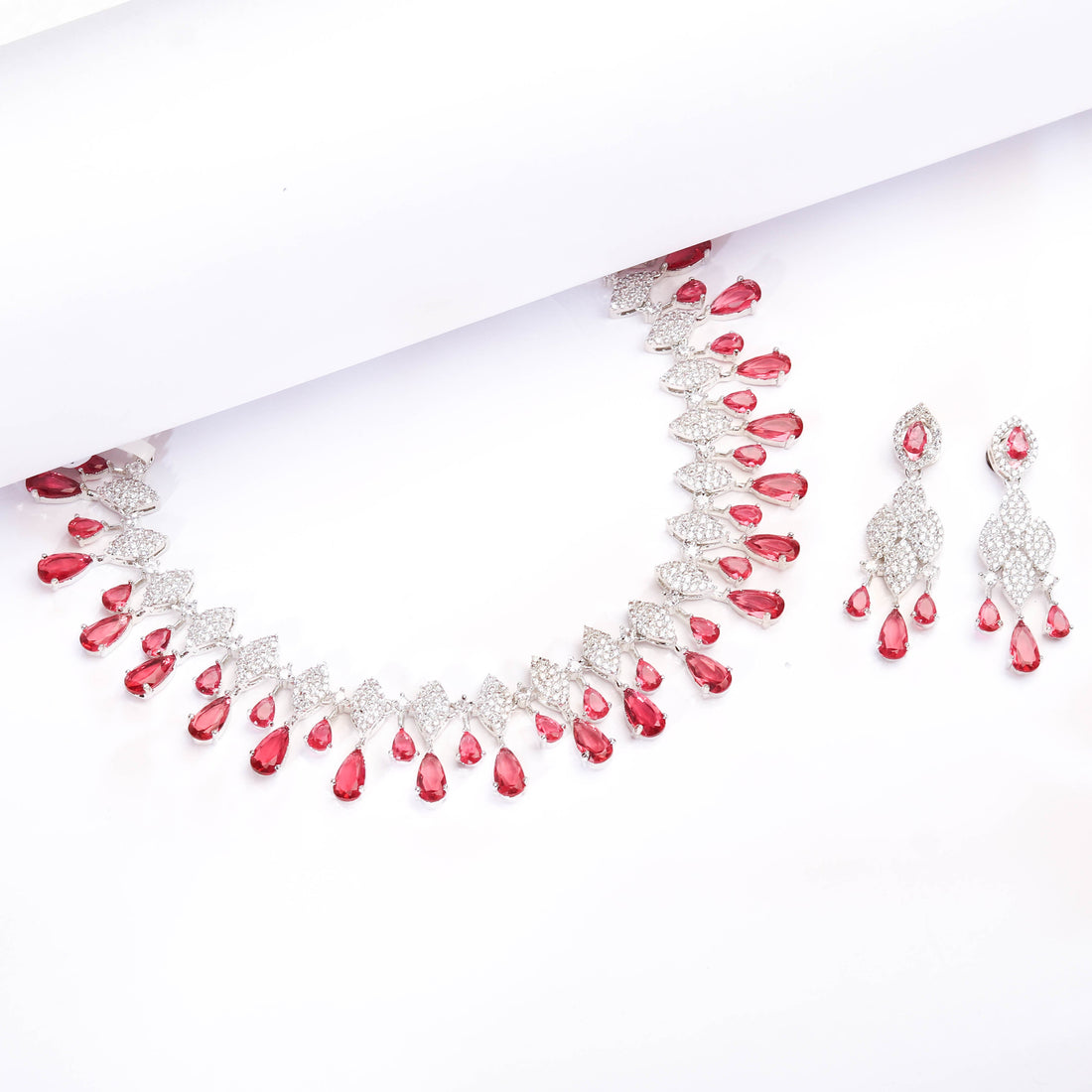 Luxurious Ruby Color Stone With Rhodium Plated Necklace and Earrings