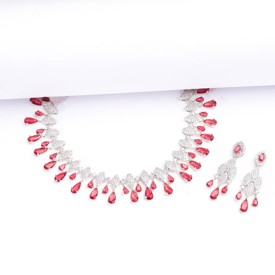 Luxurious Ruby Color Stone With Rhodium Plated Necklace and Earrings