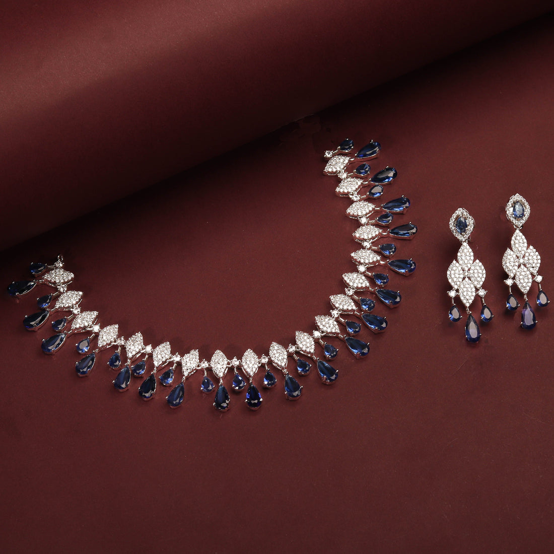 Luxurious Blue Color Stone With Rhodium Plated Necklace and Earrings