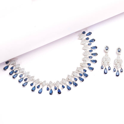 Luxurious Blue Color Stone With Rhodium Plated Necklace and Earrings