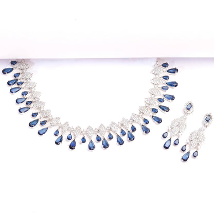 Luxurious Blue Color Stone With Rhodium Plated Necklace and Earrings