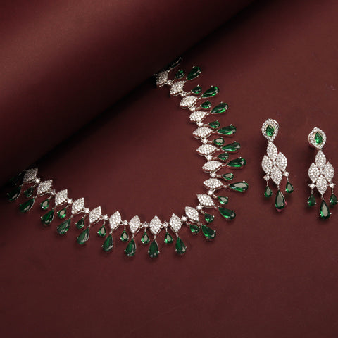 Luxurious Emerald Green Colour Stone With Rhodium Plated Necklace and Earrings