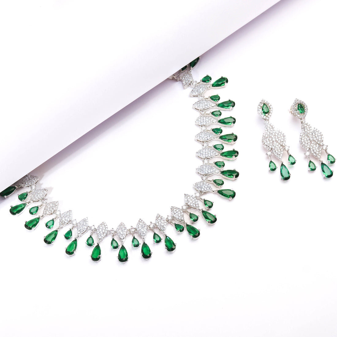 Luxurious Emerald Green Colour Stone With Rhodium Plated Necklace and Earrings