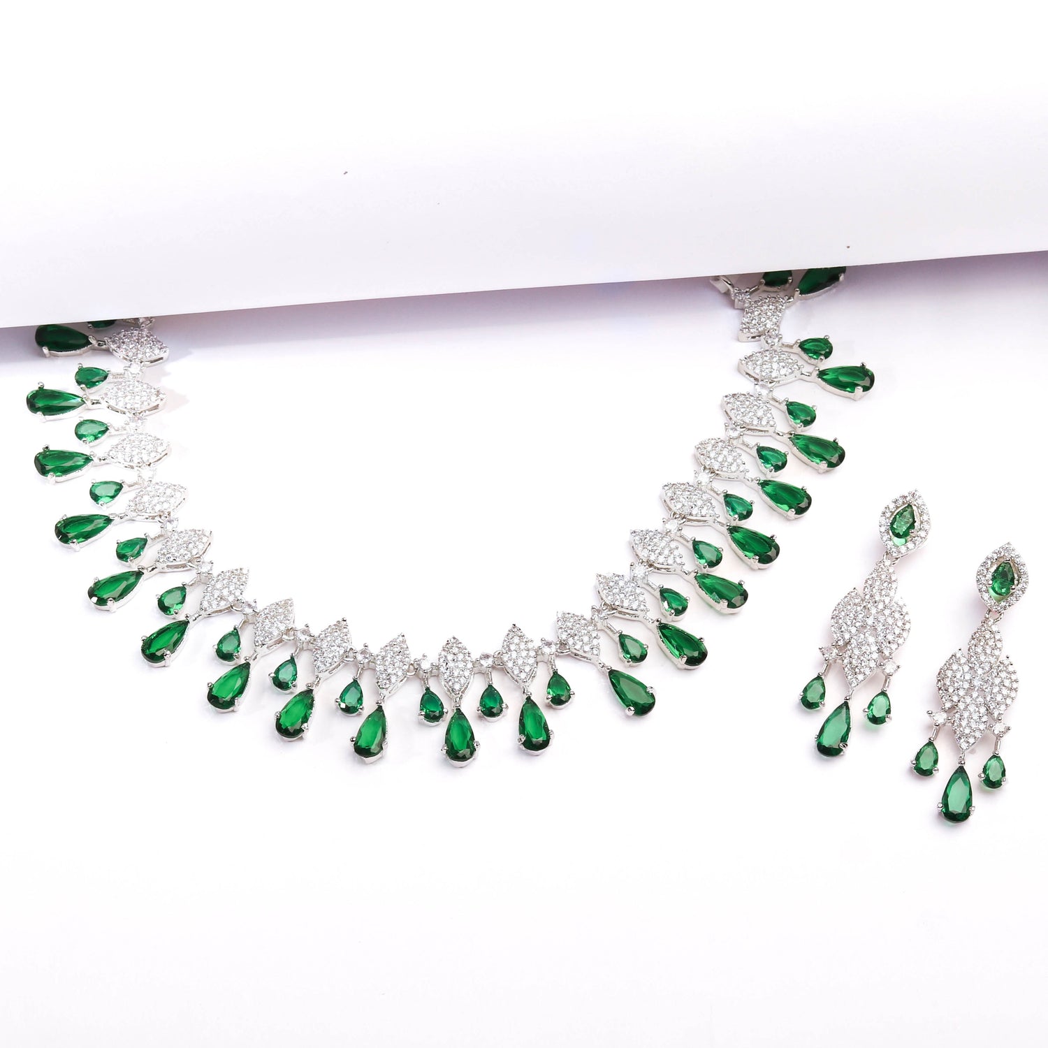 Luxurious Emerald Green Colour Stone With Rhodium Plated Necklace and Earrings