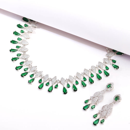 Luxurious Emerald Green Colour Stone With Rhodium Plated Necklace and Earrings