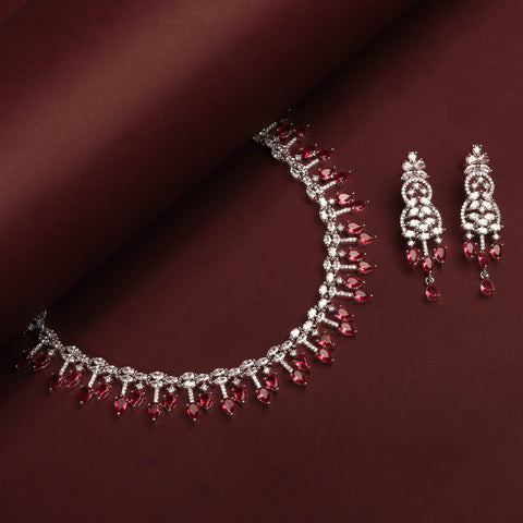 Rhodium Plated Elegant Ruby Red Zircon Necklace Set With Earrings For Women