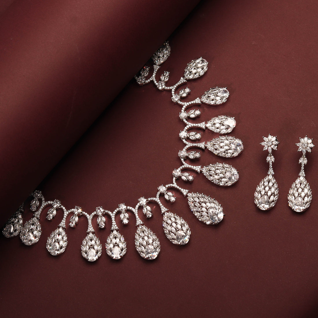 Rhodium Plated Elegant Nature Inspired Necklace Set With CZ Stones And Earrings