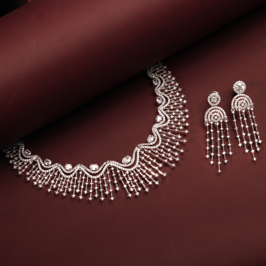 Rhodium Plated Luxurious And Elegant Necklace Set With CZ Stones For Women