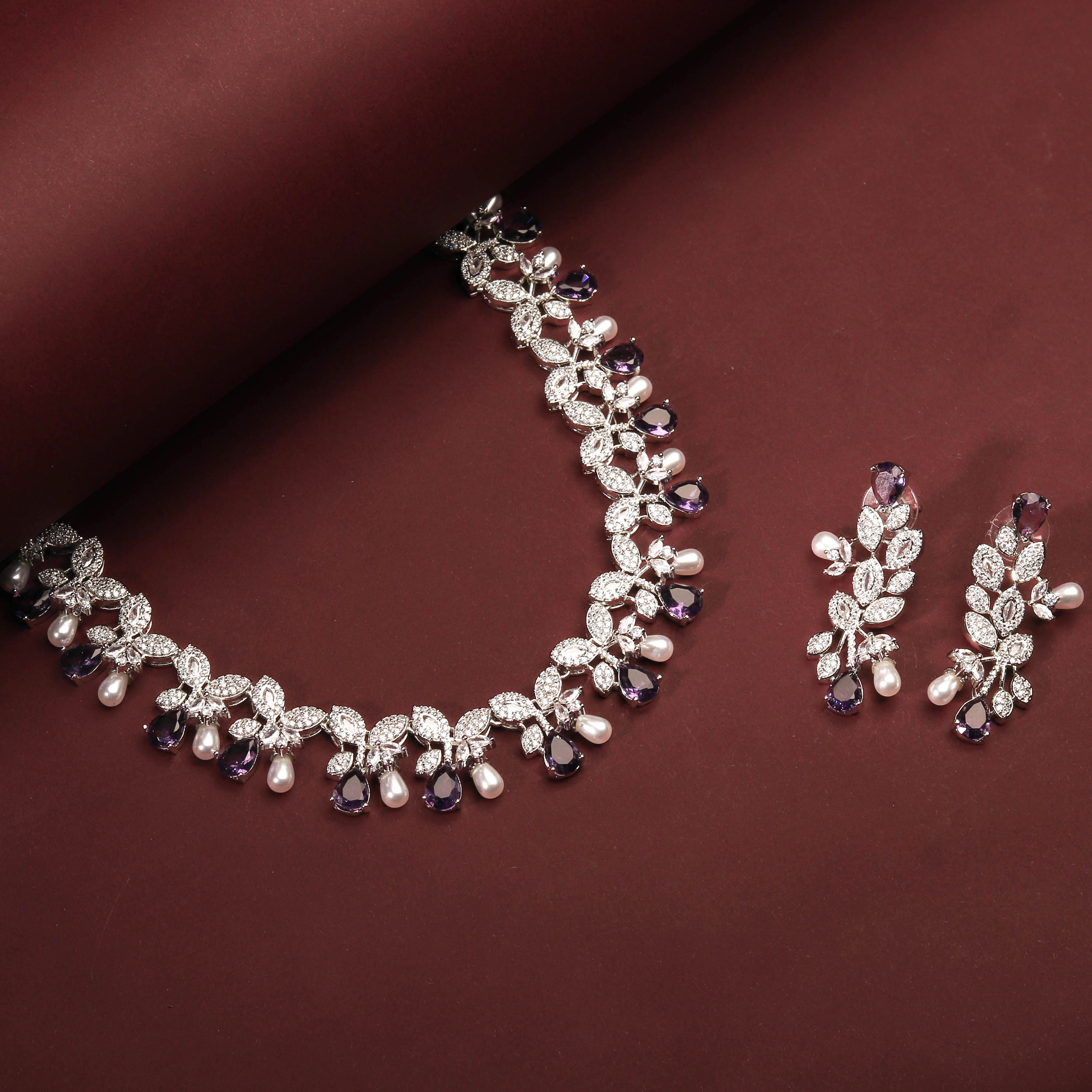 Rhodium Plated Elegant Purple Color Zircons Necklace Set With Pearls