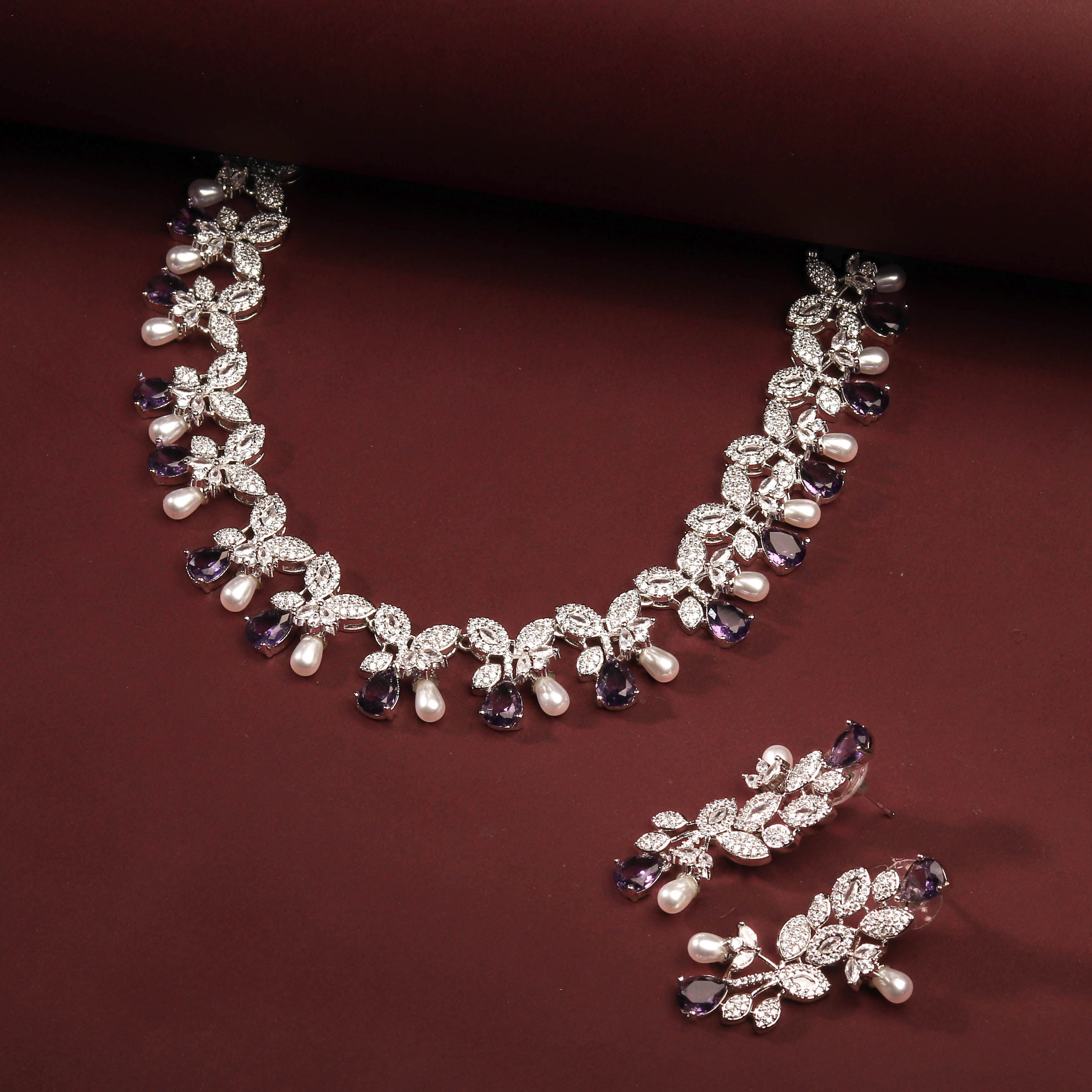 Rhodium Plated Elegant Purple Color Zircons Necklace Set With Pearls