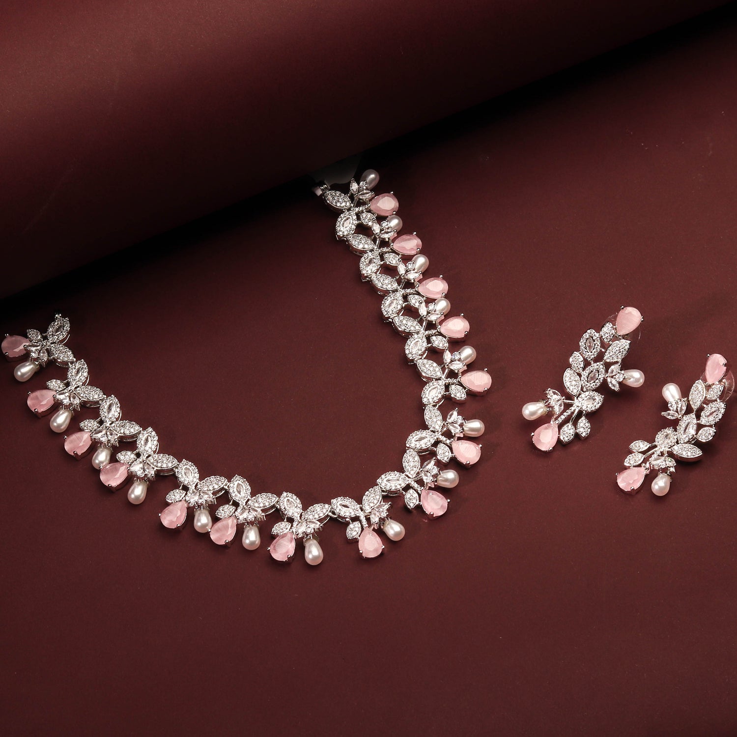 Rhodium Plated Elegant Peach Color Zircons Necklace Set With Pearls