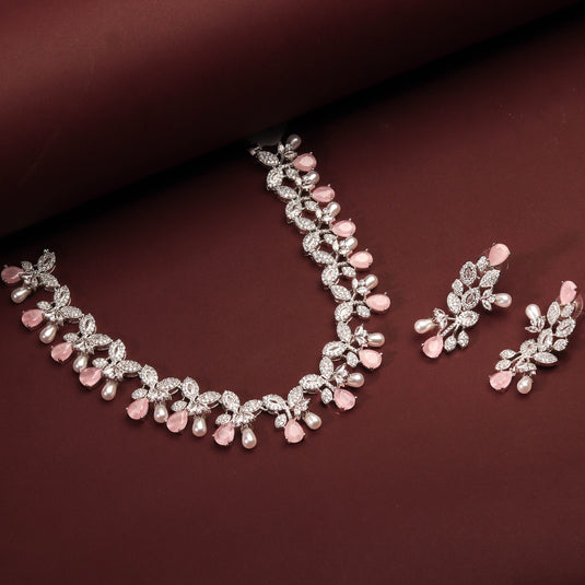 Rhodium Plated Elegant Peach Color Zircons Necklace Set With Pearls