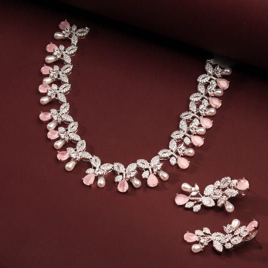 Rhodium Plated Elegant Peach Color Zircons Necklace Set With Pearls