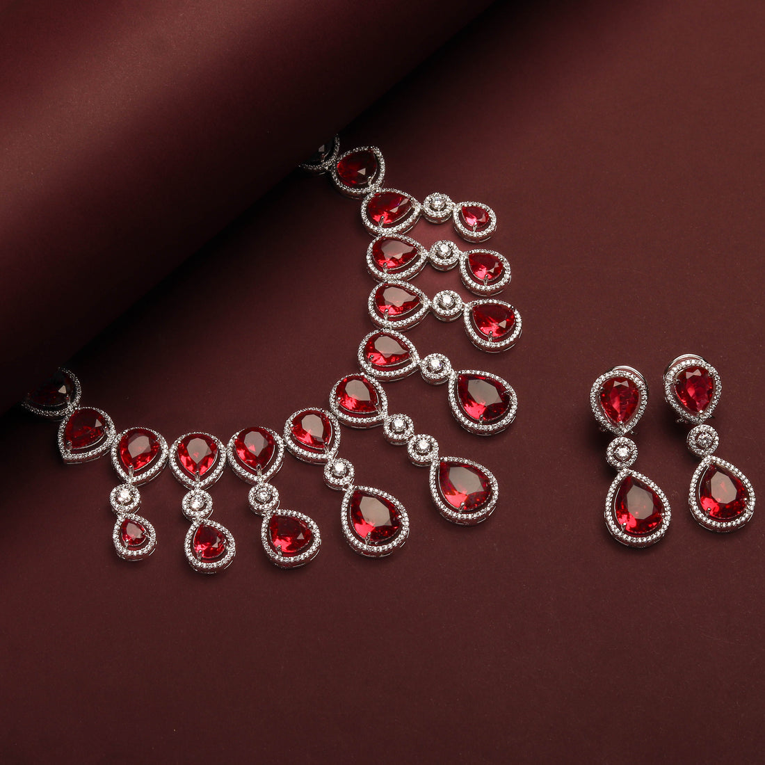 Rhodium Plated Luxurious Ruby Red Color Necklace Set With Earrings For Women