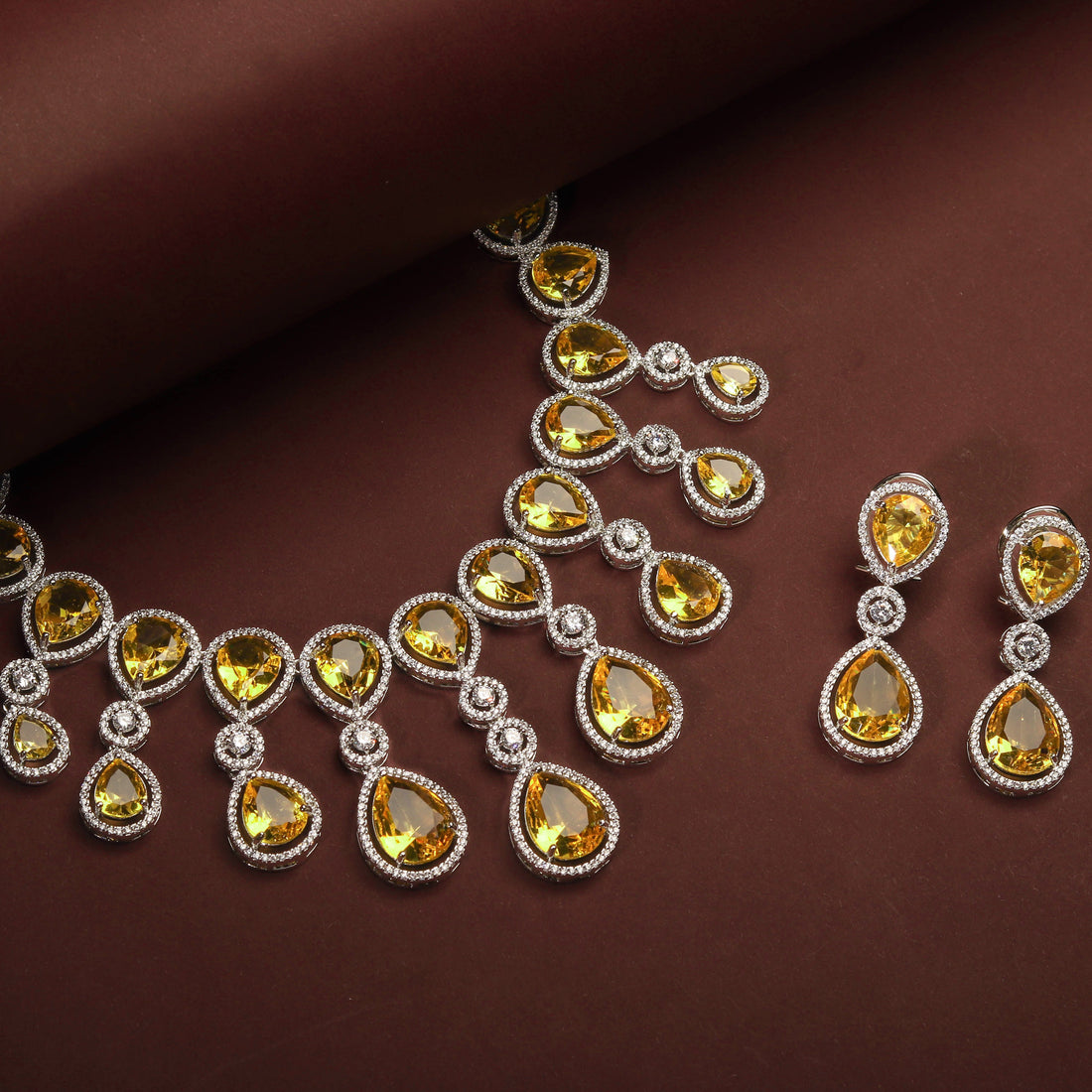 Rhodium Plated Luxurious Yellow Sapphire Color Necklace Set With Earrings For Women