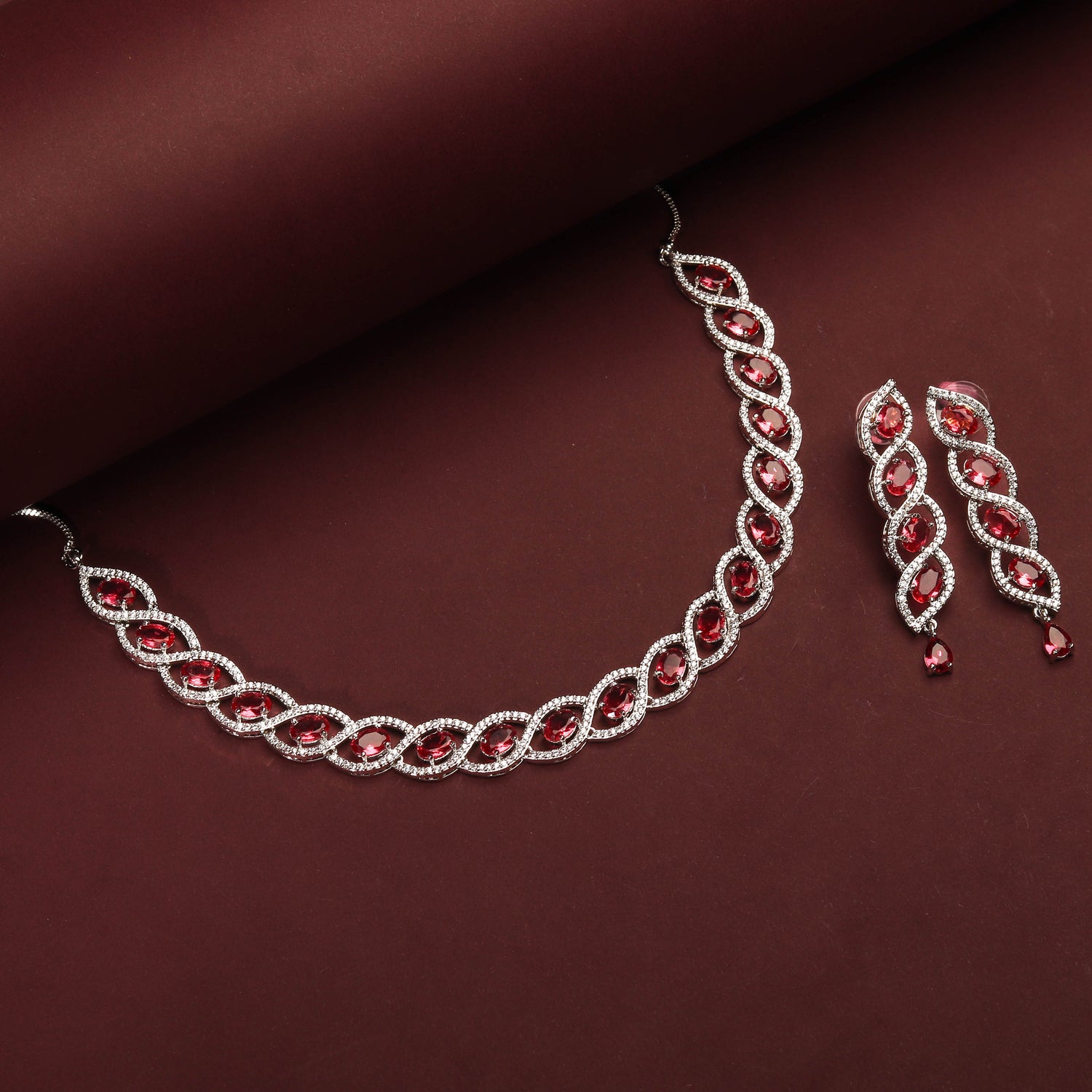 Rhodium Plated Classic Necklace Set With Red Color Stones Earrings For Women