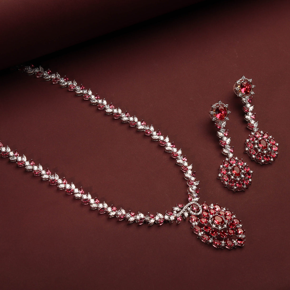 Rhodium Plated Luxurious Necklace Set With Red Color Stones Earrings For Women