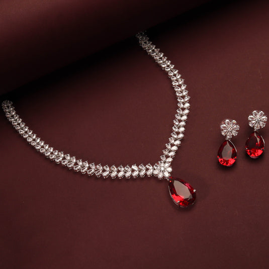 Rhodium Plated Beautiful Necklace Set With Red Drop Color Stones Earrings For Women