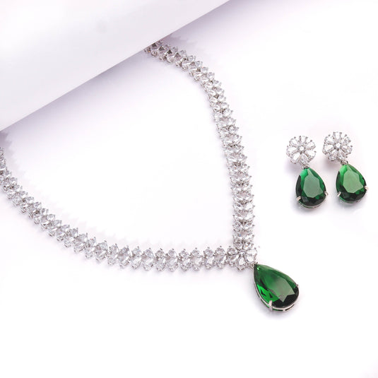 Rhodium Plated Beautiful Necklace Set With Emerald Green Drop Colour Stones Earrings For Women