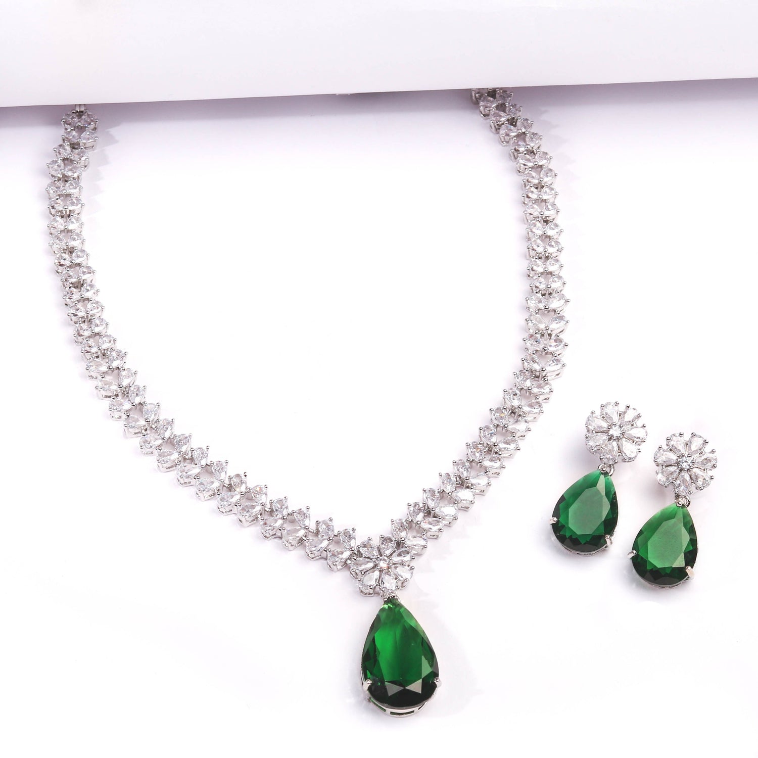 Rhodium Plated Beautiful Necklace Set With Emerald Green Drop Colour Stones Earrings For Women