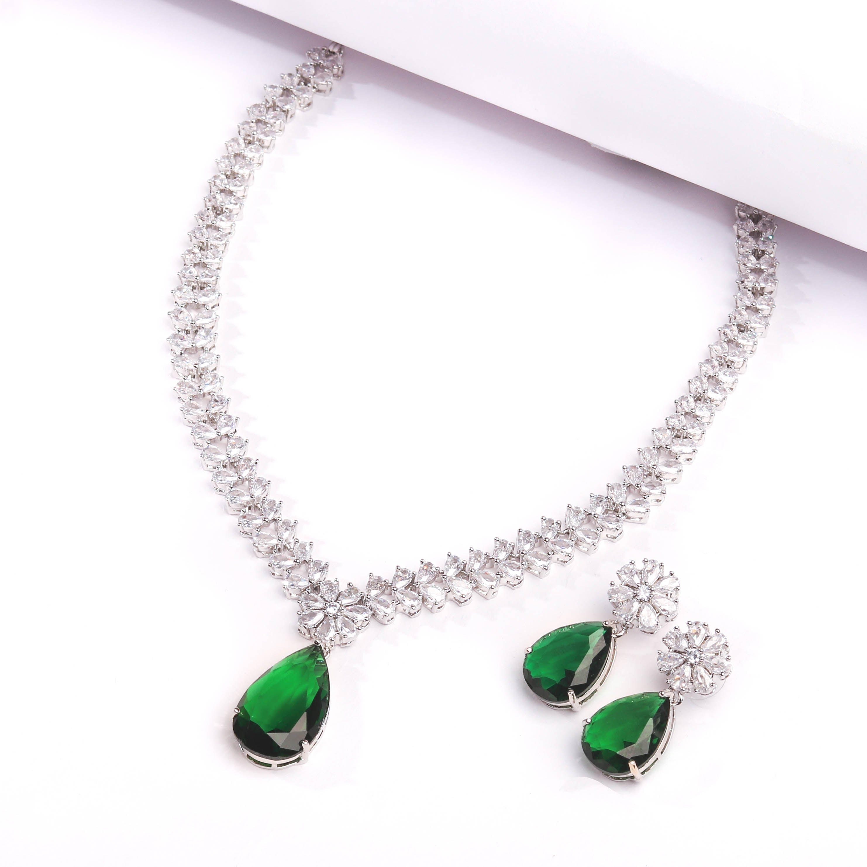 Rhodium Plated Beautiful Necklace Set With Emerald Green Drop Colour Stones Earrings For Women