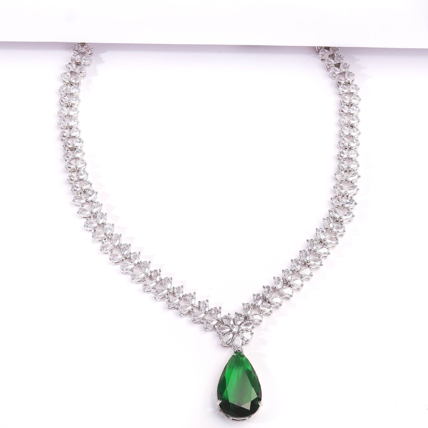 Rhodium Plated Beautiful Necklace Set With Emerald Green Drop Colour Stones Earrings For Women