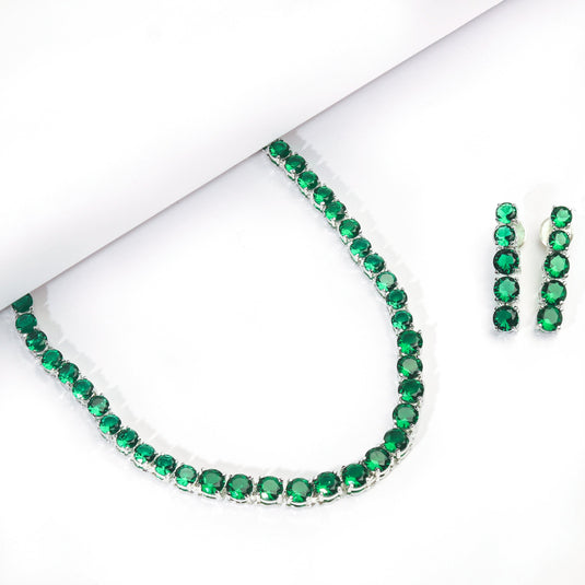 Rhodium Plated Classic Emerald Green Zircon Necklace Set With Earrings For Women