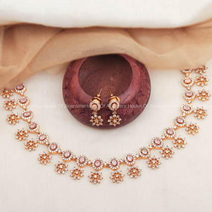 Elegant South Indian Necklace Set With Peach Color Stones And Pair Of Earrings