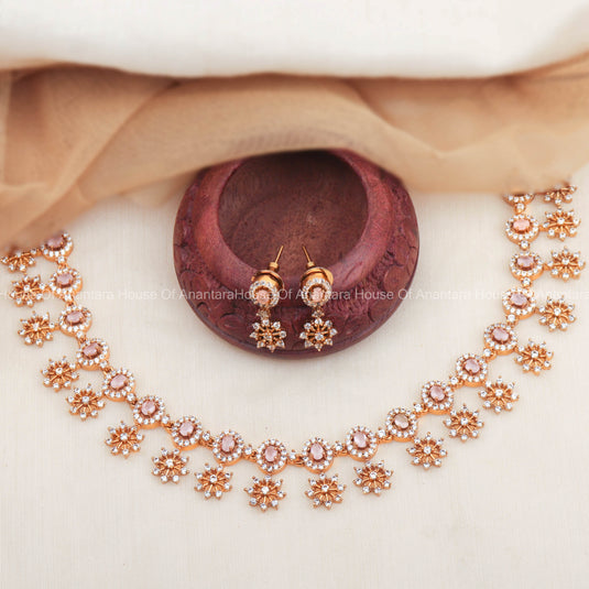 Elegant South Indian Necklace Set With Peach Color Stones And Pair Of Earrings