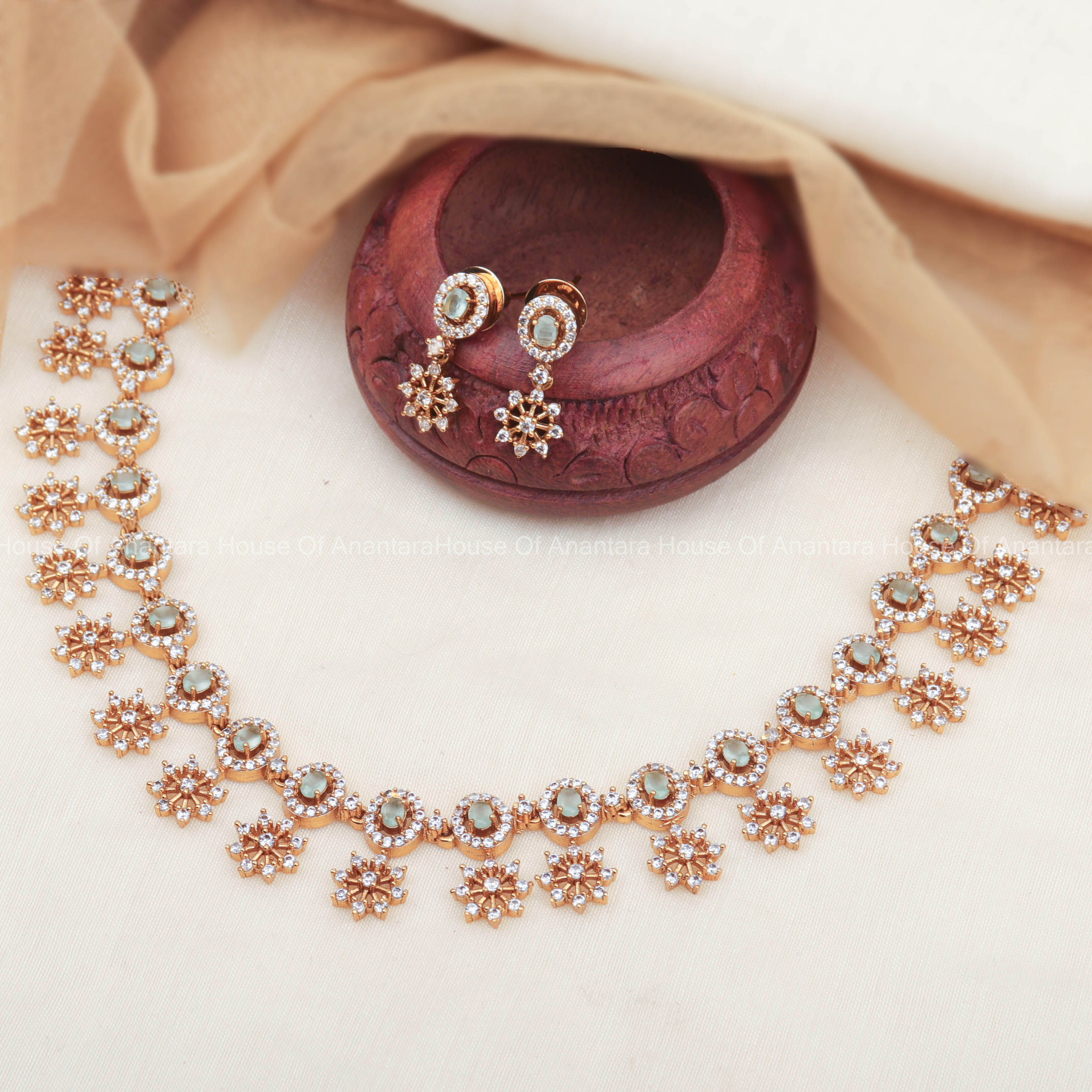 Elegant South Indian Necklace Set With Celadon Color Stones and Pair Of Earrings