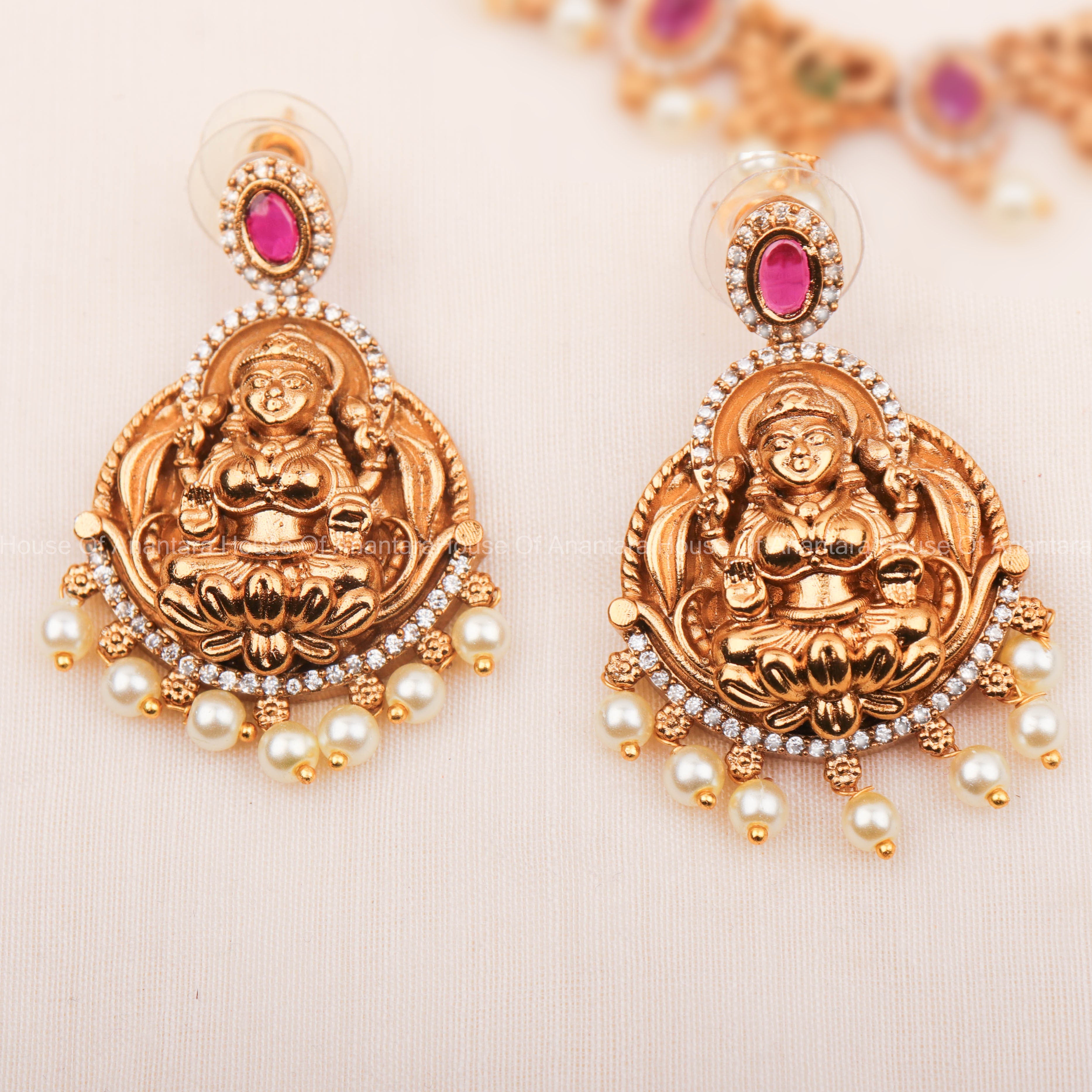 24K Gold Plated Nakshi Laxmi Long Haram Set With Multi Color Stones And Earrings