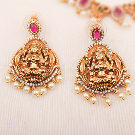 24K Gold Plated Nakshi Laxmi Long Haram Set With Multi Color Stones And Earrings