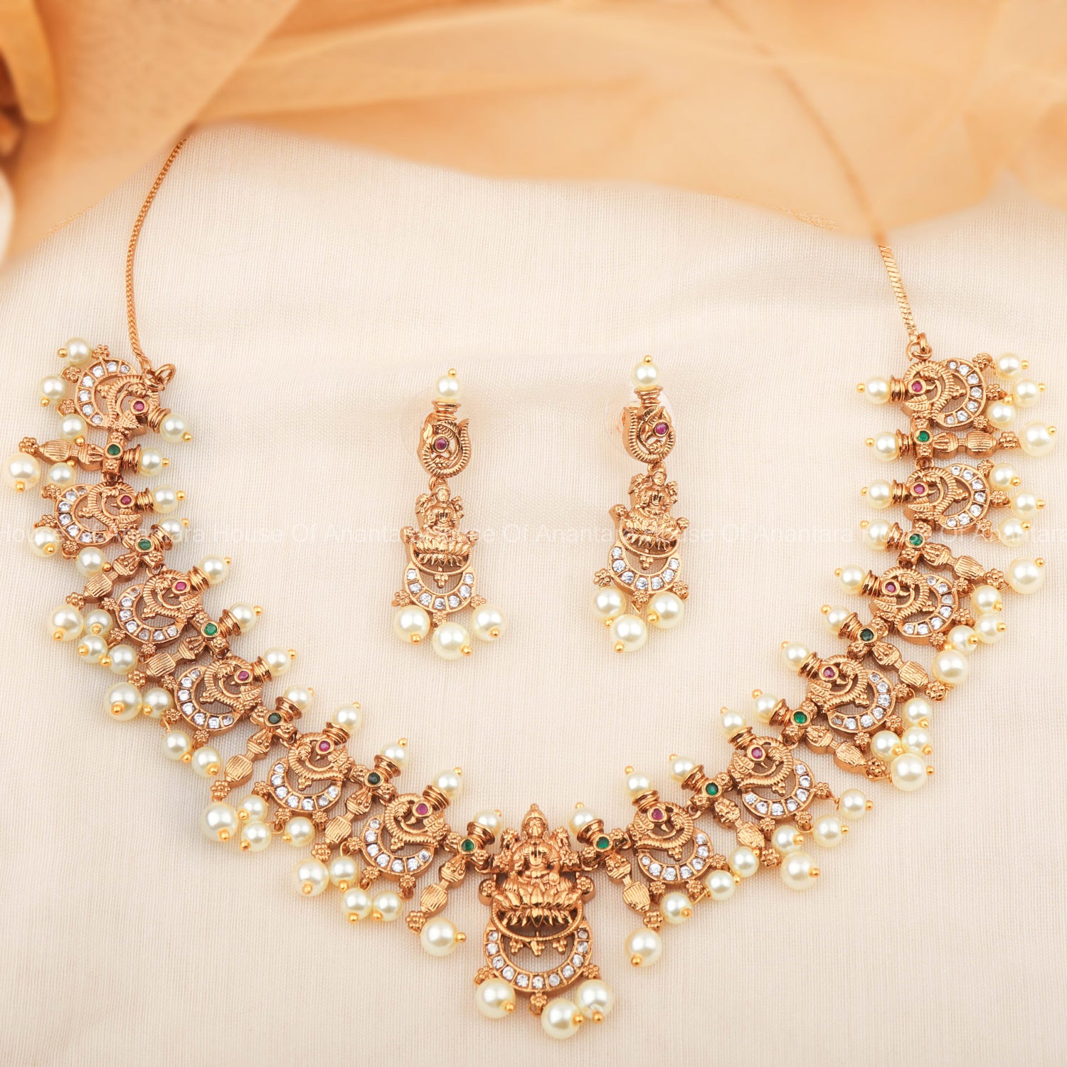 Traditional South Indian Necklace Set With Nakshi Work And Pearls With Earrings