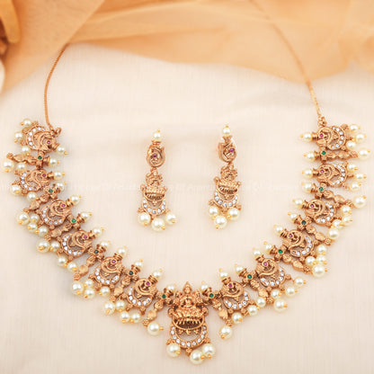 Traditional South Indian Necklace Set With Nakshi Work And Pearls With Earrings