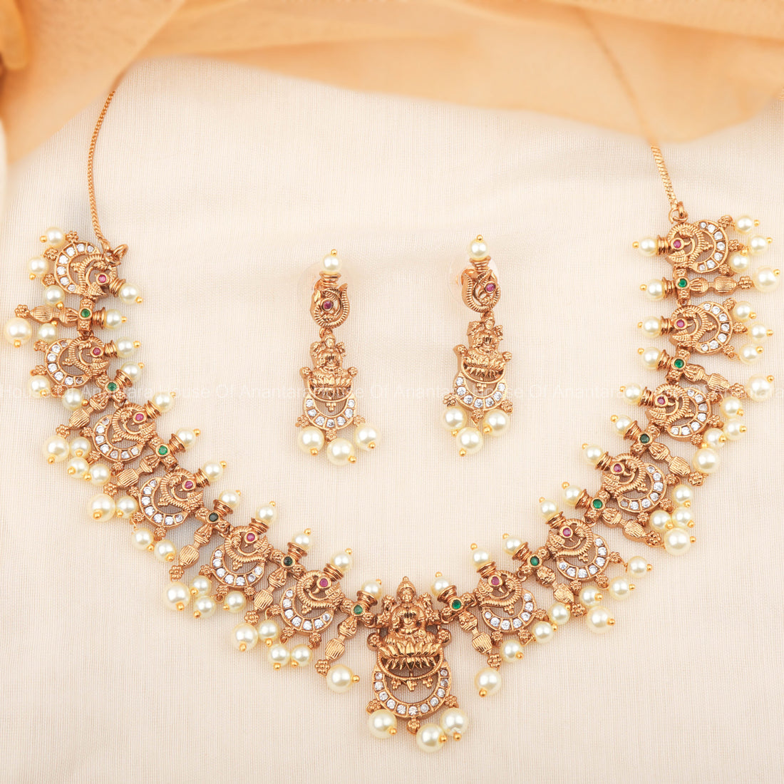 Traditional South Indian Necklace Set With Nakshi Work And Pearls With Earrings